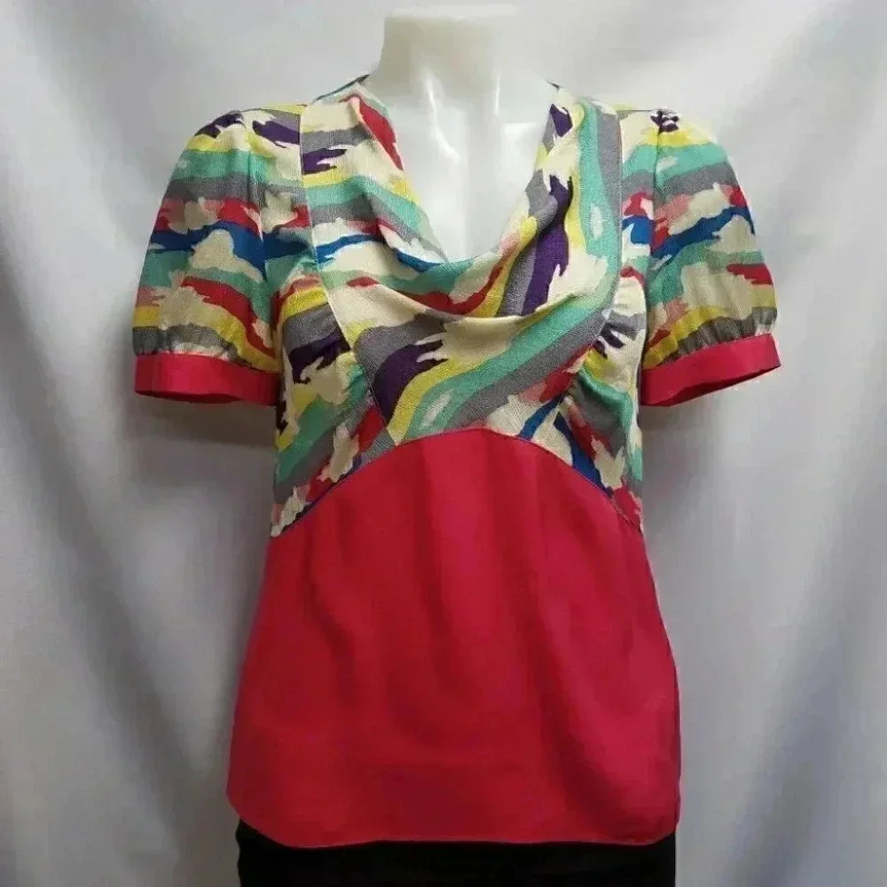 Marc Jacobs 100% Silk Vintage Red Rainbow Multicolor Abstract Camo Print Top